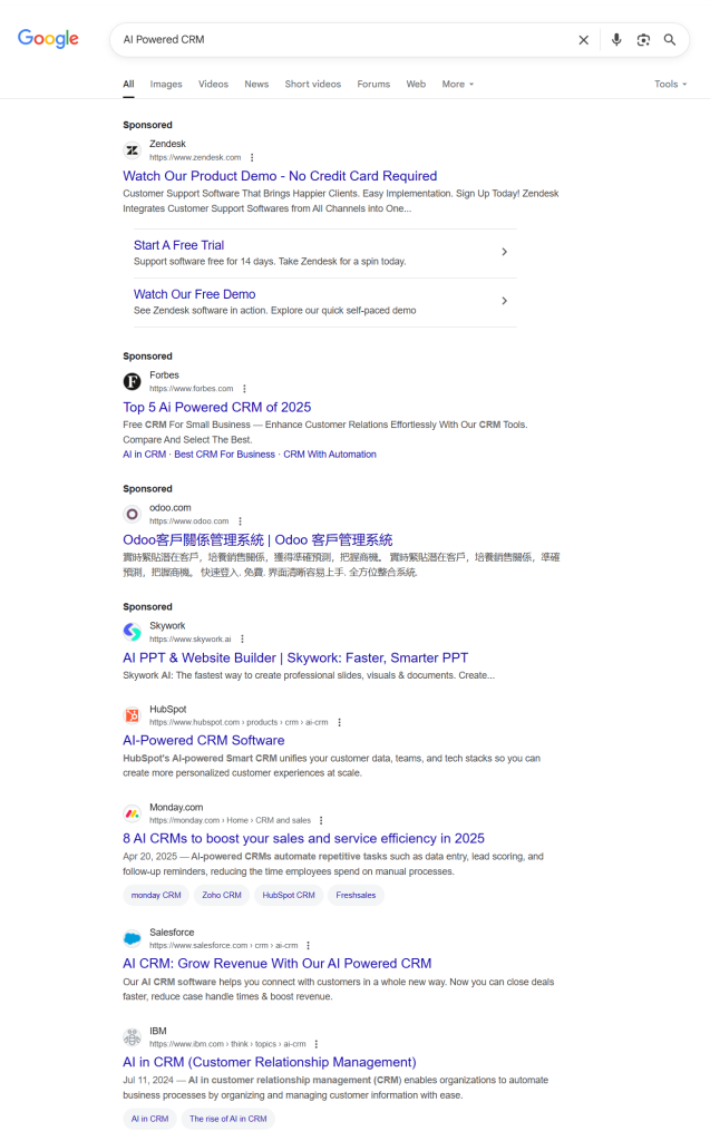 谷歌搜索“AI Powered CRM”SERP 谷歌搜索“AI Powered CRM”SERP