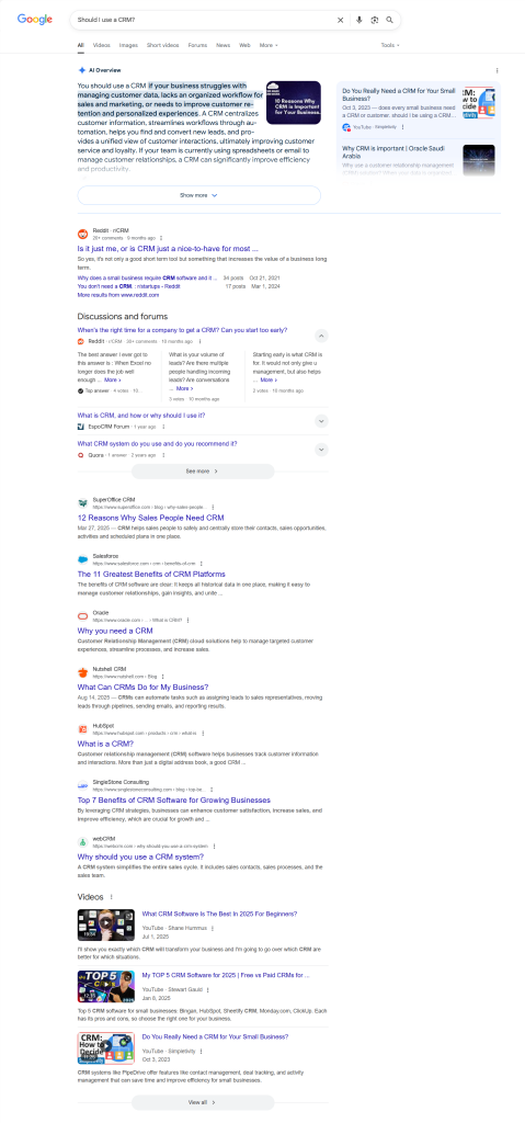 谷歌搜索“Should I use a CRM”SERP 谷歌搜索“Should I use a CRM”SERP
