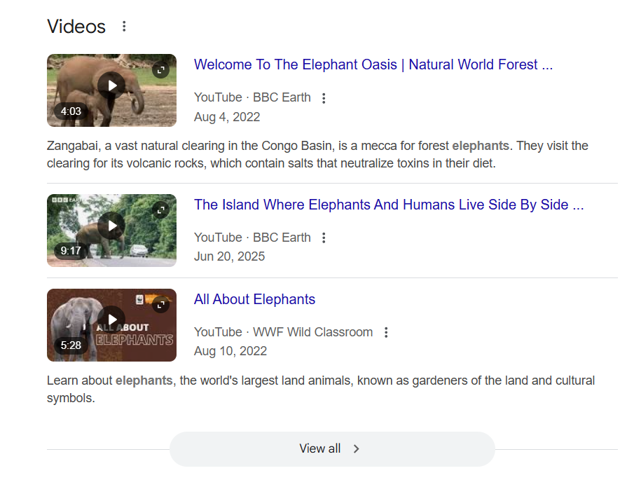 谷歌搜索“Where do elephants live”显示的视频片段 谷歌搜索“Where do elephants live”显示的视频片段