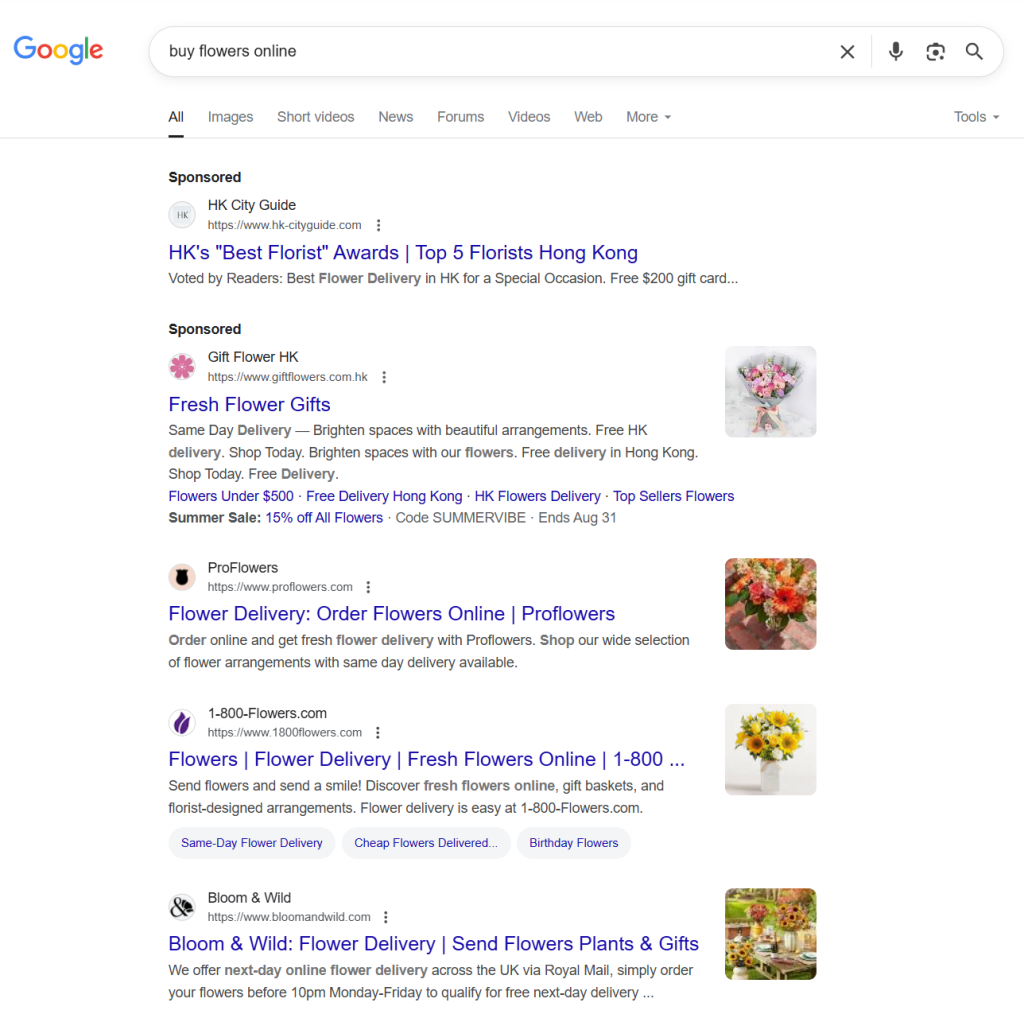 谷歌搜索“buy flowers online”SERP 谷歌搜索“buy flowers online”SERP