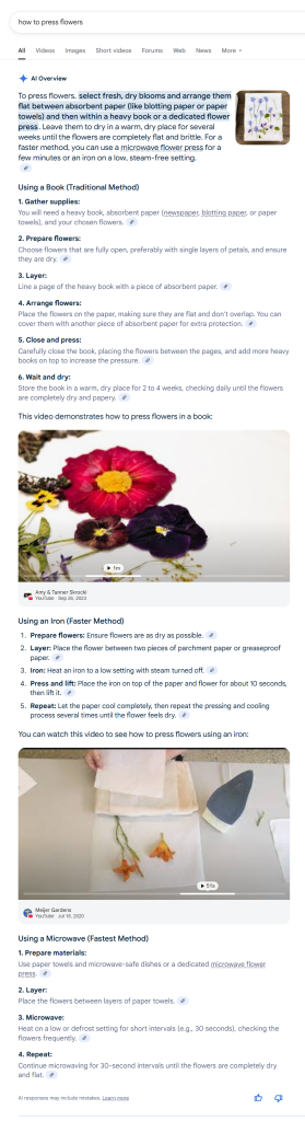 谷歌搜索“how to press flowers”AI概览 谷歌搜索“how to press flowers”AI概览